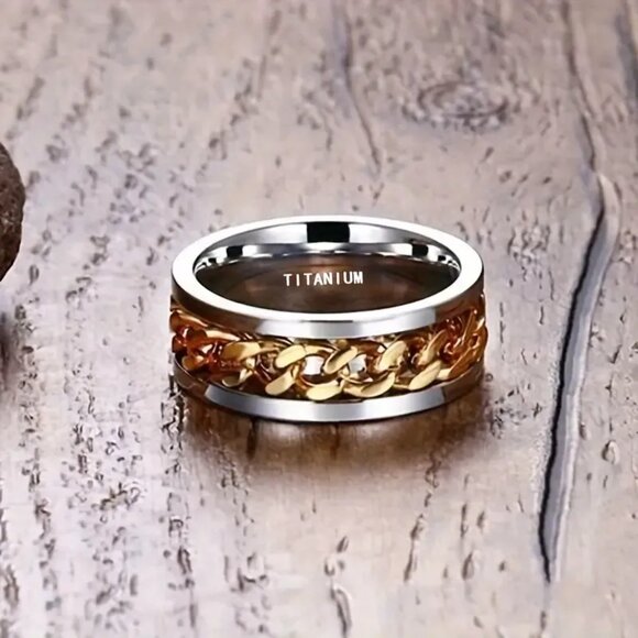 Titanium & Alloy Men's Statement Ring Silver with Gold Spinner Chain Band - Picture 4 of 5